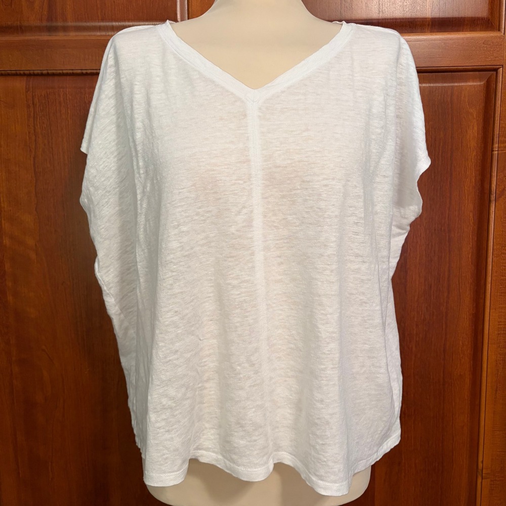 Eileen Fisher Organic Linen V-Neck Boxy White Short Sleeve Top Womens Medium